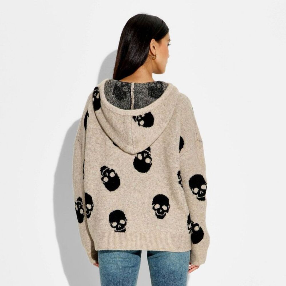 Women's Skulls Hooded Graphic Pullover Sweater - Beige L - Picture 3 of 3